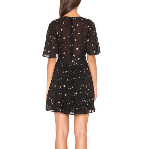 Privacy Please Ford Black Metallic Gold Silver Star Deep V Short Sleeve Dress XS - Picture 2 of 15